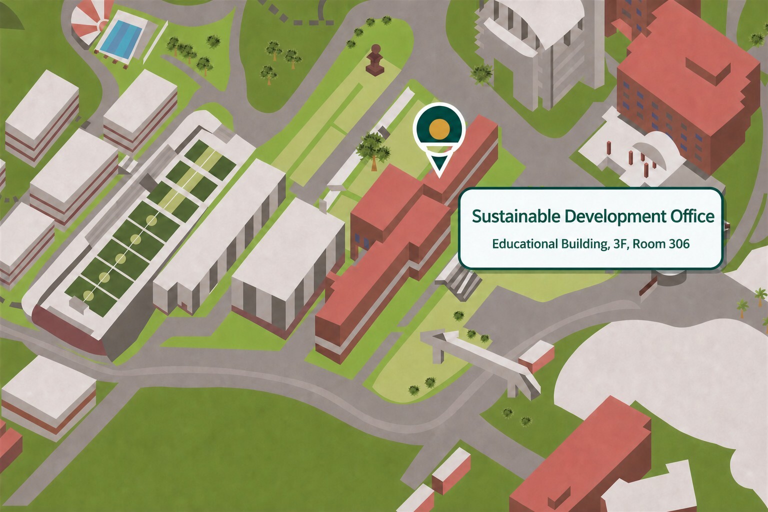 Campus map showing the Sustainable Development Office in Room 306 on the third floor of the Educational Building